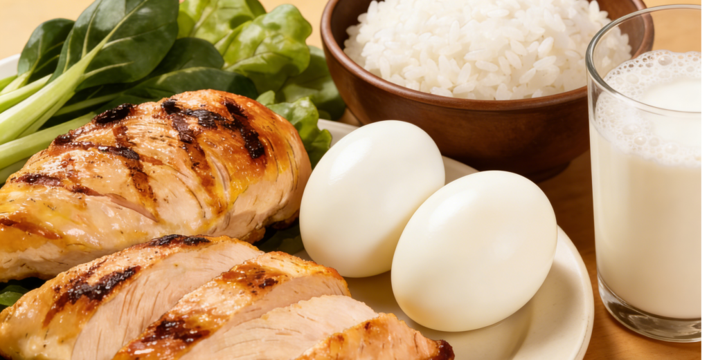 high protein foods for muscle gain including chicken eggs rice and milk